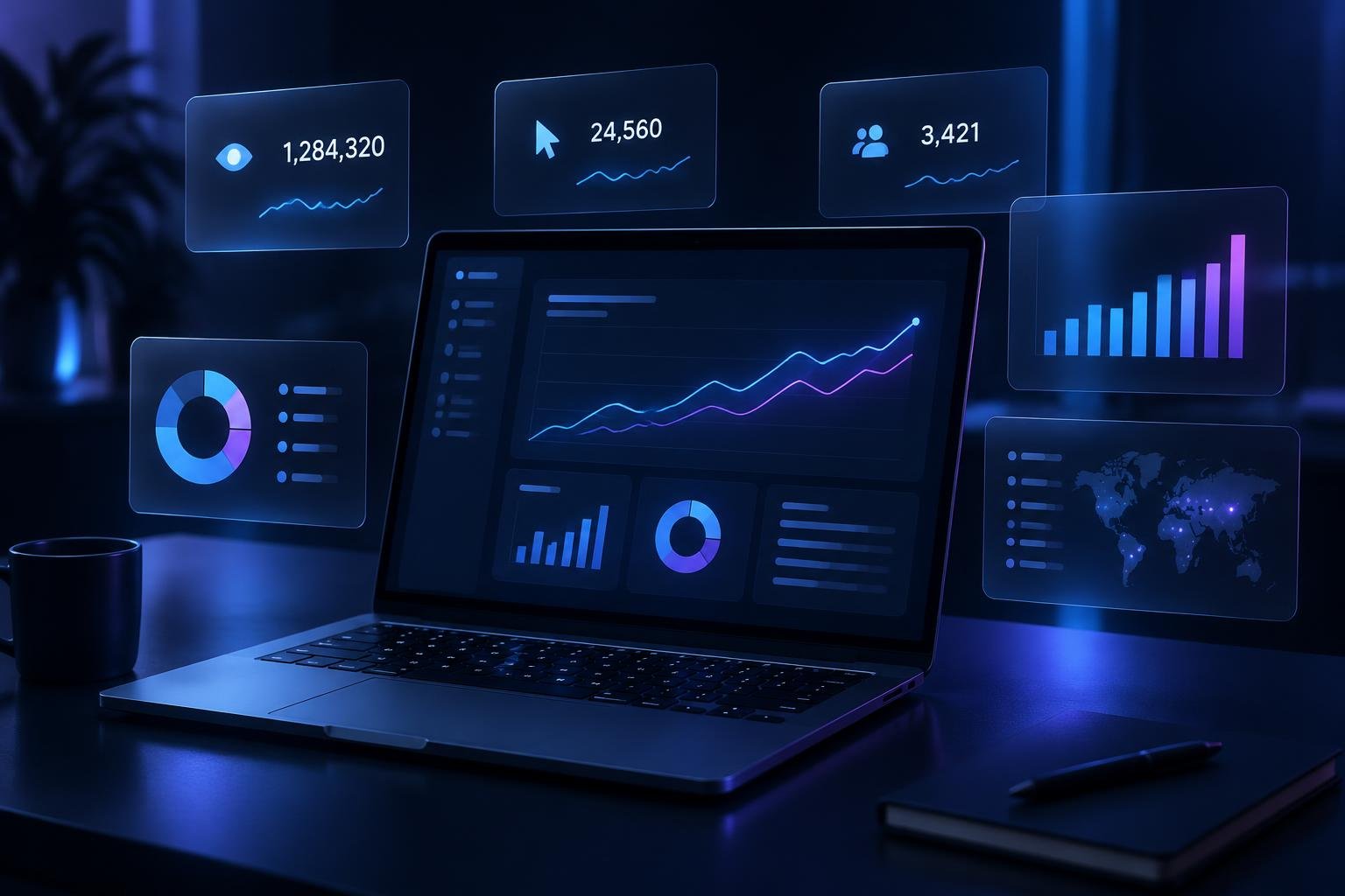 Illustrative digital advertising workspace with a laptop showing campaign charts and floating performance metric panels